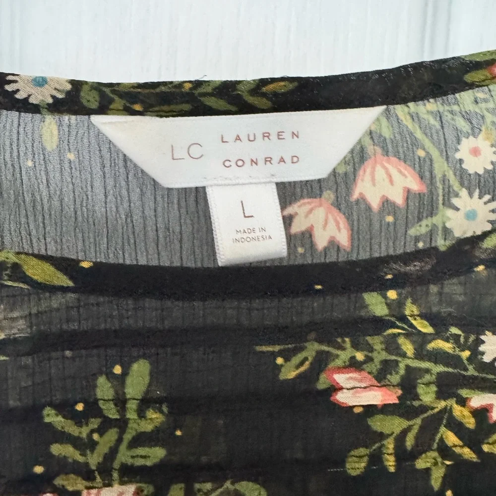 LC Lauren Conrad Black Sheer Blouse with Pink & Green Floral Print - Picture 3 of 4